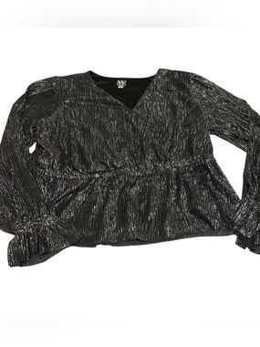 🟤🟤Wolven Metallic V-Neck Peplum Blouse - Black & Silver